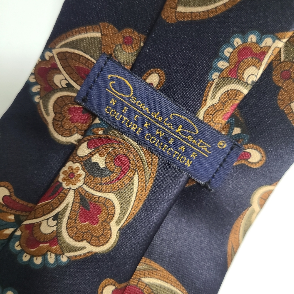 Oscar de la Renta Couture Vintage Silk Tie Navy Red & Brown Paisley Print 80's - Picture 2 of 9
